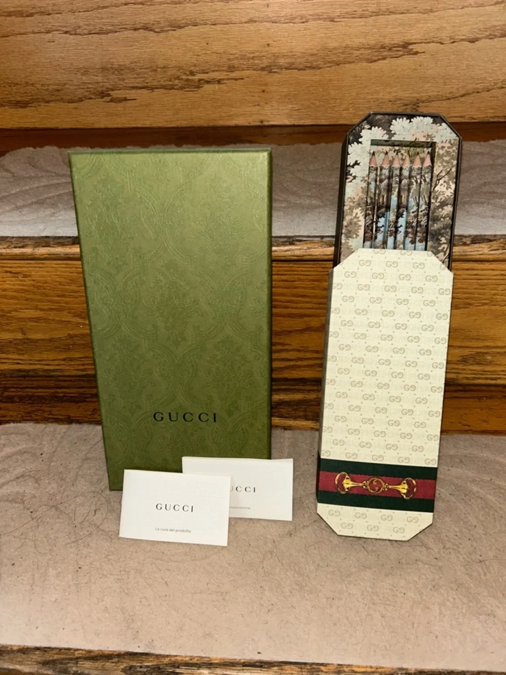 Gucci Green Box with Patterned Pencil Tin and Decorative Pencils